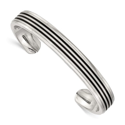 Contemporary Chic: Stainless Steel Black Rubber Inlay Cuff Bangle