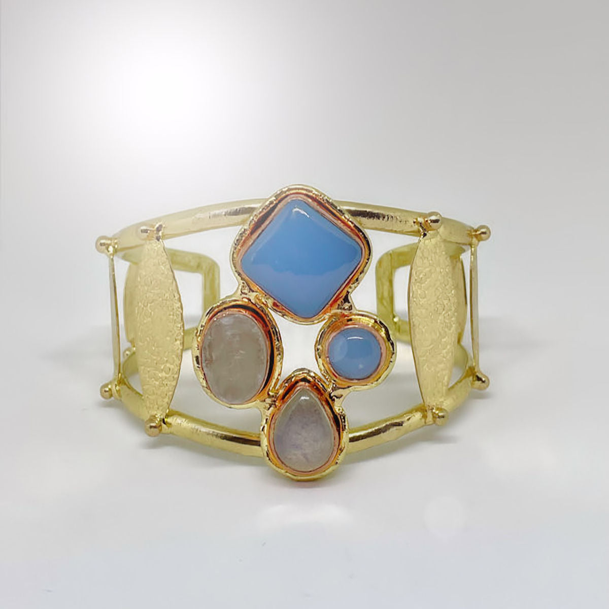 Multi-Stone Cuff Bracelet with Blue Chalcedony and Quartz Stones