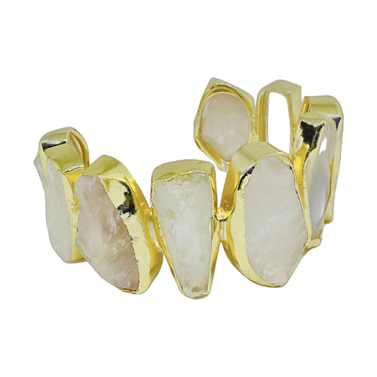 Brass Cuff Bracelet with Raw Rose and Clear Quartz Stones