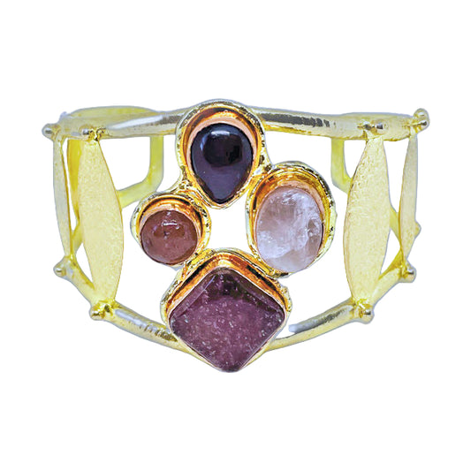 Multi-Stone Cuff Bracelet with Rose Quartz and Strawberry Quartz Stones