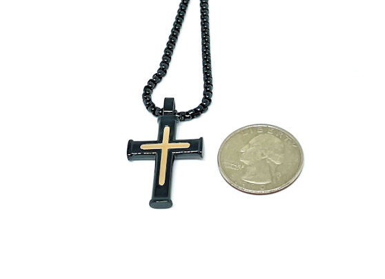 Black and Rose IP-Plated Cross Pendant with 24" Box Chain