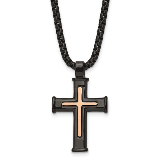 Black and Rose IP-Plated Cross Pendant with 24" Box Chain