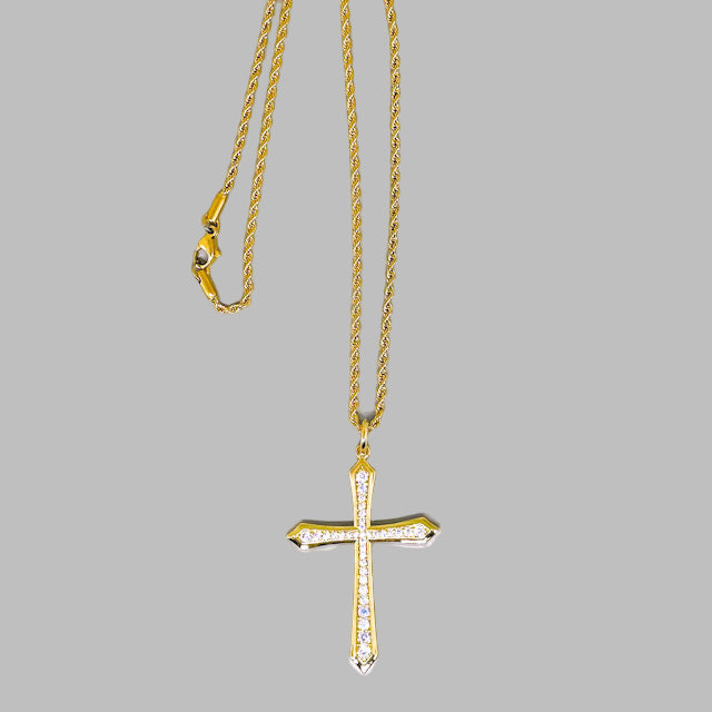 Gold Stainless Steel Rope Chain with Pave Crystal Cross Pendant