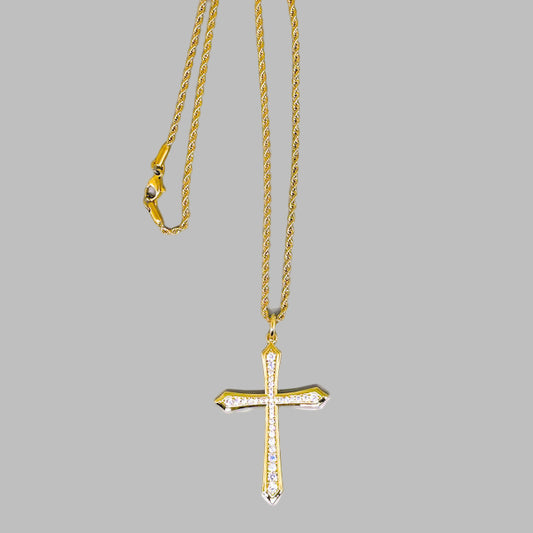 Gold Stainless Steel Rope Chain with Pave Crystal Cross Pendant