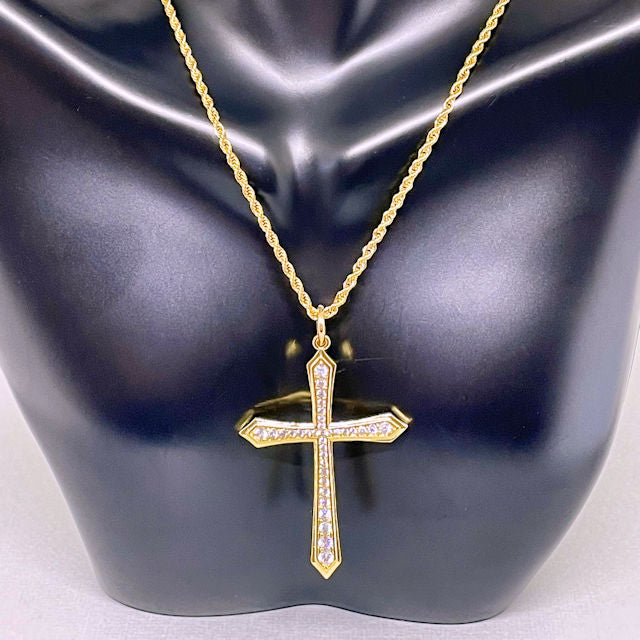 Gold Stainless Steel Rope Chain with Pave Crystal Cross Pendant