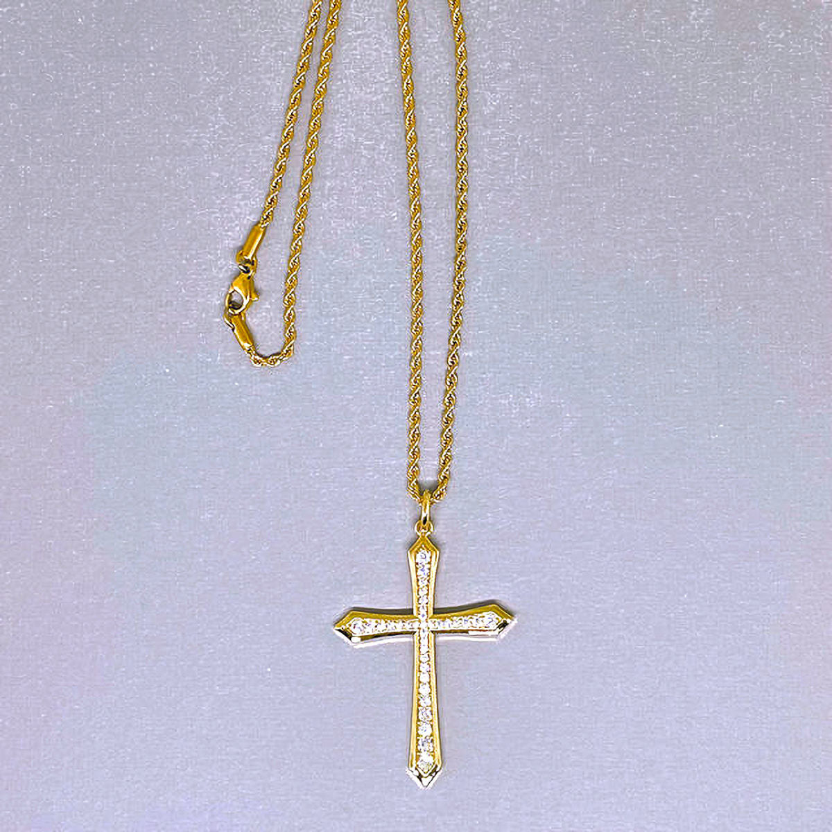 Gold Stainless Steel Rope Chain with Pave Crystal Cross Pendant