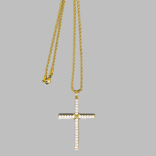 Thin Pave Crystal Cross Necklace with Gold Stainless Steel Rope Chain