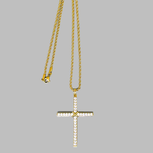 Thin Pave Crystal Cross Necklace with Gold Stainless Steel Rope Chain