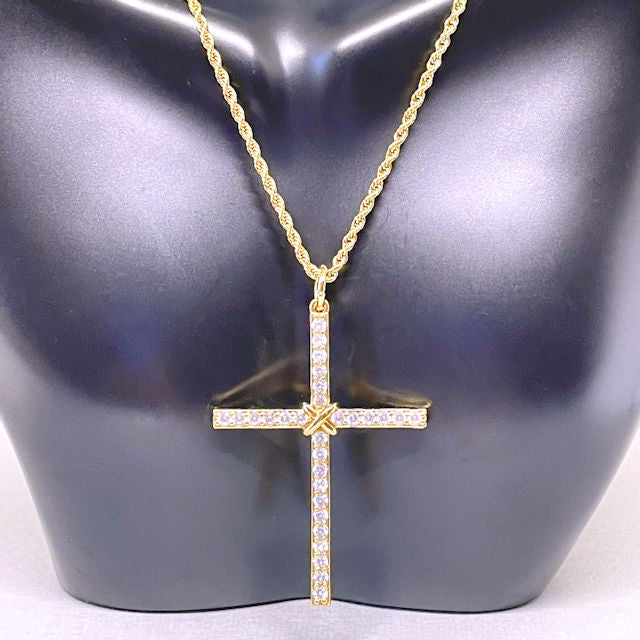 Thin Pave Crystal Cross Necklace with Gold Stainless Steel Rope Chain