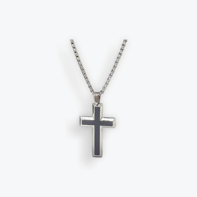 Stainless Steel Black Carbon Fiber Cross Necklace