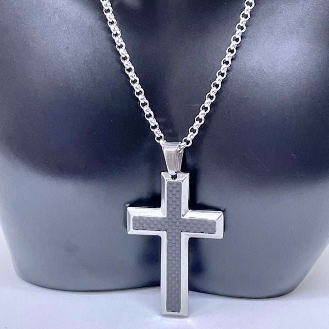 Stainless Steel Black Carbon Fiber Cross Necklace