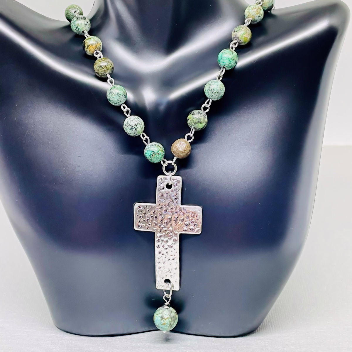 Turquoise Beaded Necklace accented with a Silver Hammered Cross