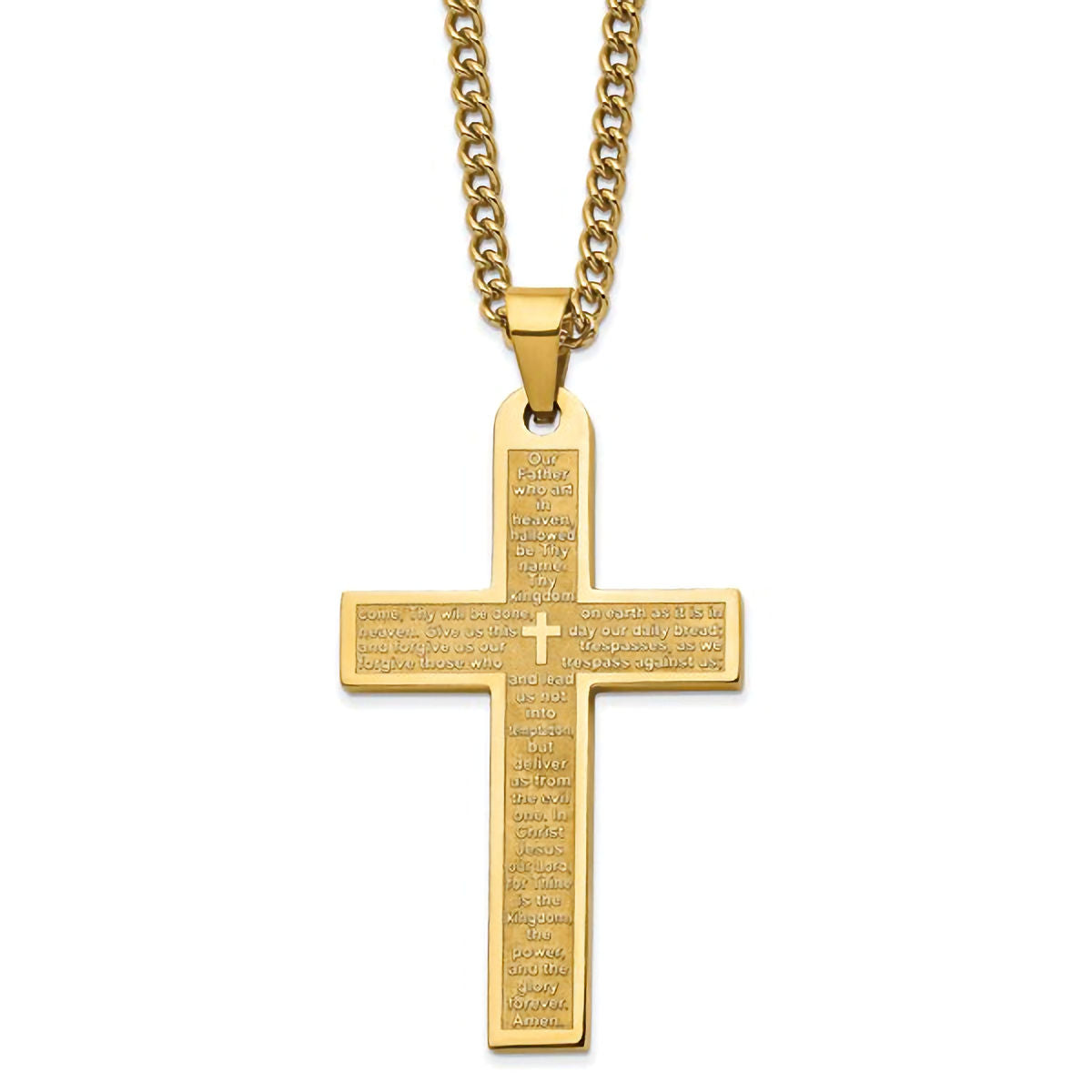 Stainless Steel Yellow IP-Plated Lord's Prayer Cross Pendant Necklace with 24" Curb Chain