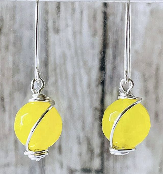 Faceted Yellow Agate Wire Wrap Earrings