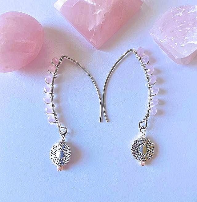 V Shaped Wire Wrapped Rose Quartz Crystal Earrings