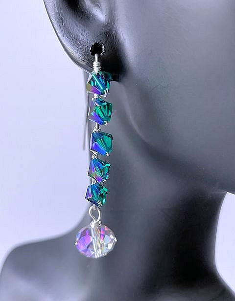 Blue/Purple/Green Bicone Crystal Earrings Accented with Faceted AB Crystal Stones