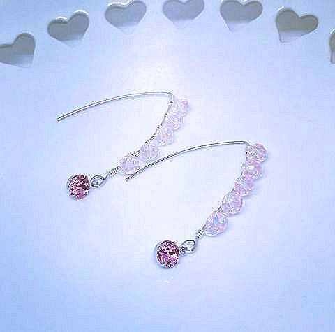 Earrings with Faceted Pink Crystals and Dangling Rose Crystal Drop