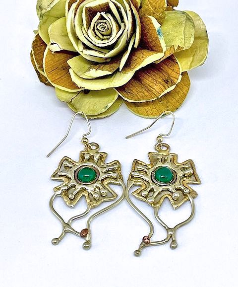 Tri-Metal Earrings with Green Agate Stone