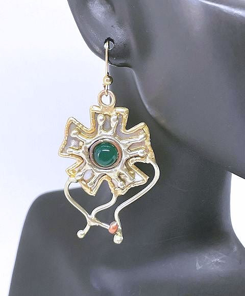 Tri-Metal Earrings with Green Agate Stone