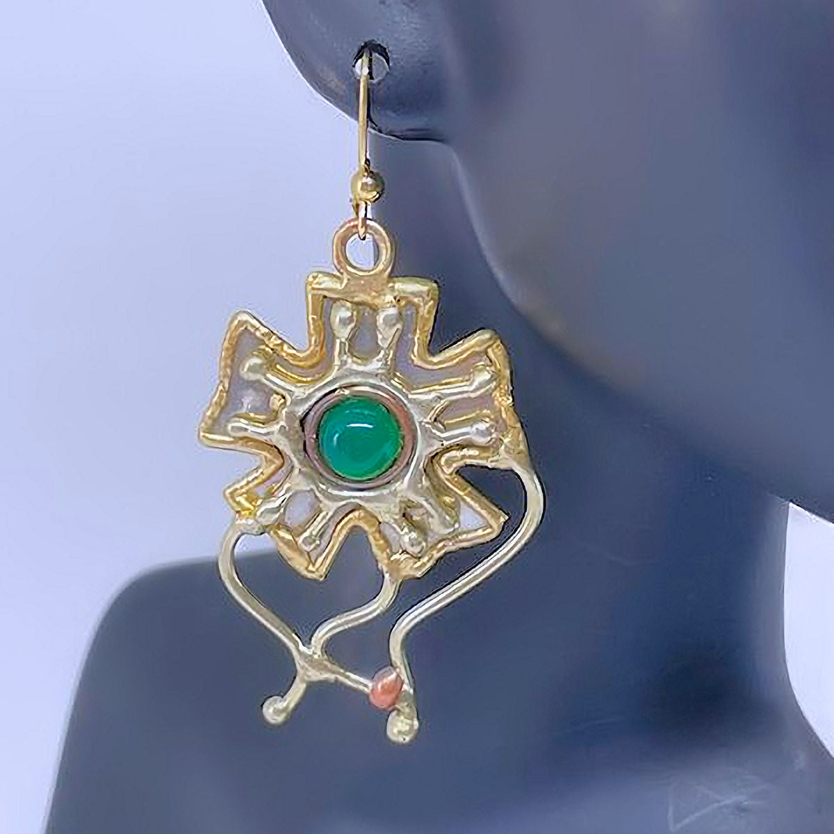 Tri-Metal Earrings with Green Agate Stone