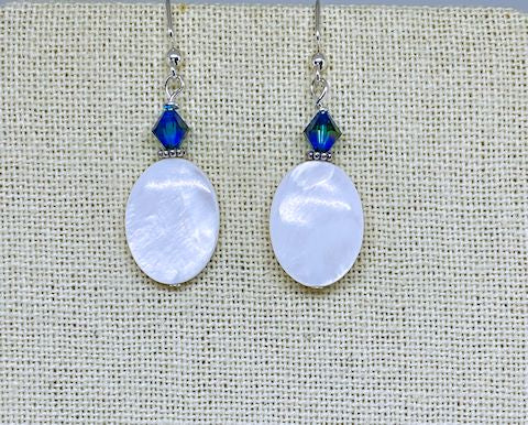 Mother of Pearl Shell Drop Earrings with Iridescent Blue Crystal Bead