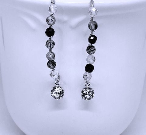 V Shape Earrings with Faceted Black Rutilated Quartz Beads