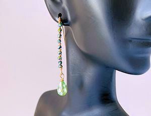 Handcrafted Green Metallic Crystal Earrings with Dangling Olivine Glass Bead