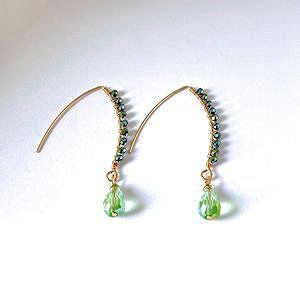 Handcrafted Green Metallic Crystal Earrings with Dangling Olivine Glass Bead