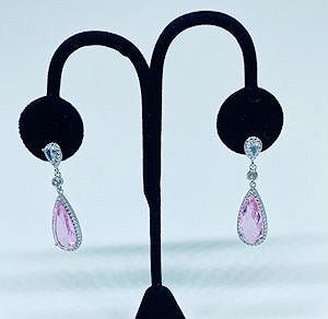 Teardrop Pink Crystal Dangle Silver Plated Earrings - 1 1/2" Length