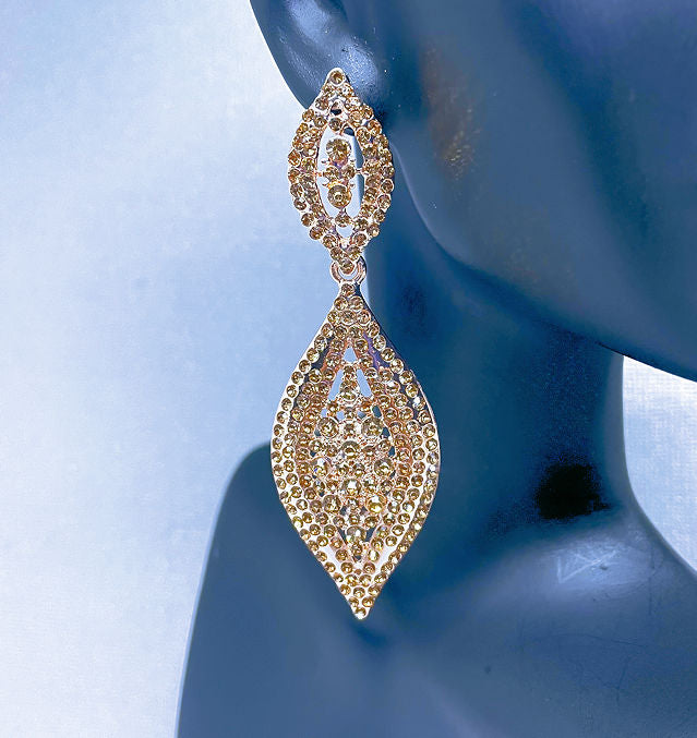 Radiant Sophistication: Dangling Rose Gold Drop Earrings with Champagne Crystals