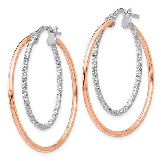 Sterling Silver Elegance: Textured Diamond-Cut & Rose Tone Hoop Earrings