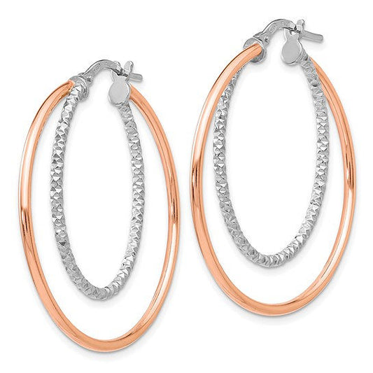 Sterling Silver Elegance: Textured Diamond-Cut & Rose Tone Hoop Earrings