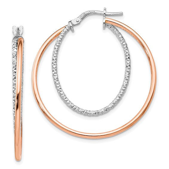 Sterling Silver Elegance: Textured Diamond-Cut & Rose Tone Hoop Earrings
