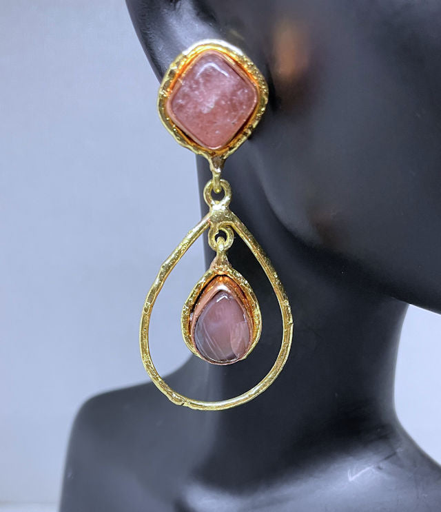 18K Gold Plated and Copper Drop Earrings with Strawberry Quartz Stones
