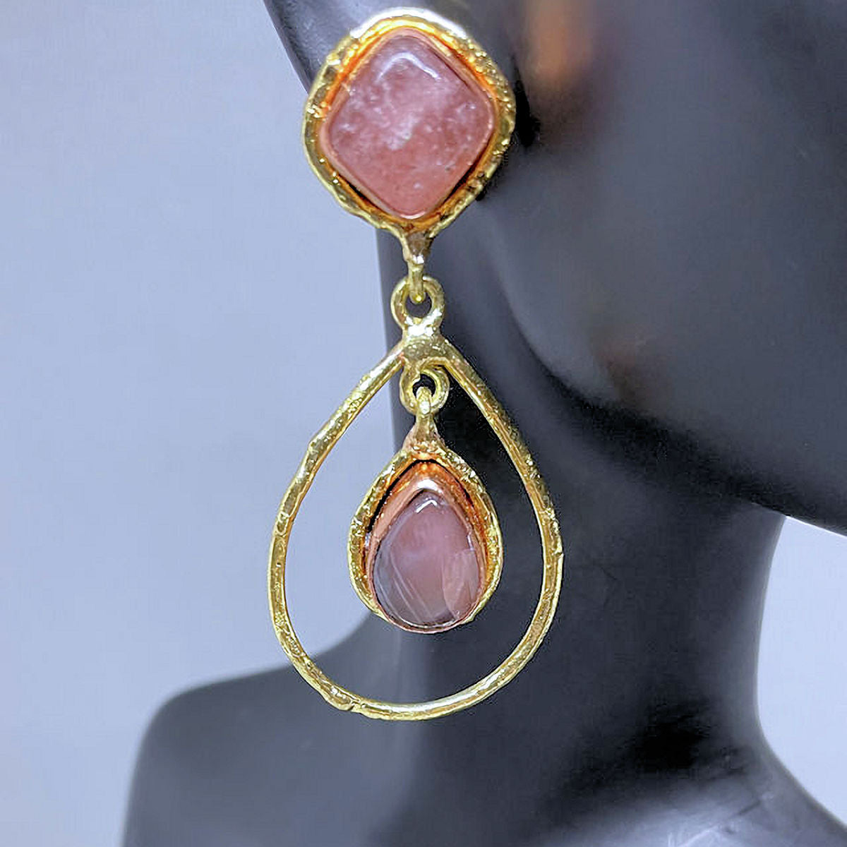 18K Gold Plated and Copper Drop Earrings with Strawberry Quartz Stones