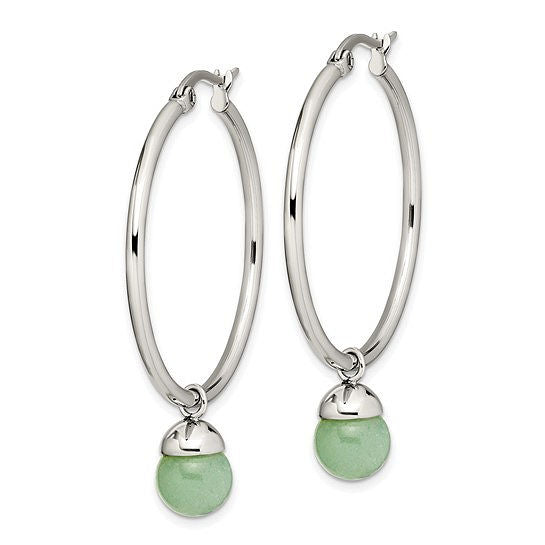 Stainless Steel Green Aventurine Dangle Hoop Earrings