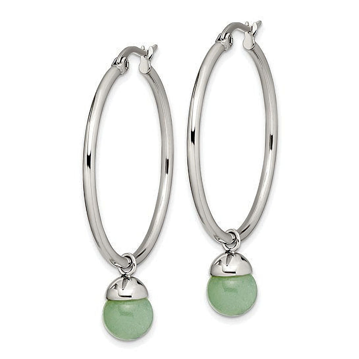Stainless Steel Green Aventurine Dangle Hoop Earrings