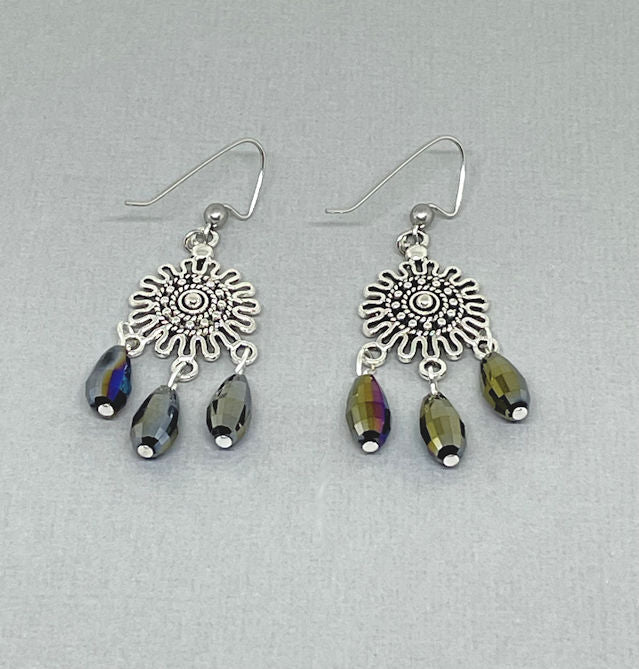 Filigree Earrings with Faceted Iridescent Crystal Beads