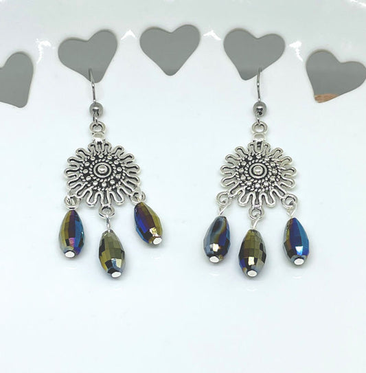 Filigree Earrings with Faceted Iridescent Crystal Beads