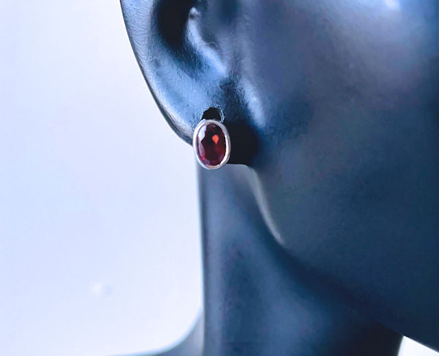 Sterling Silver Oval Garnet Post Earrings