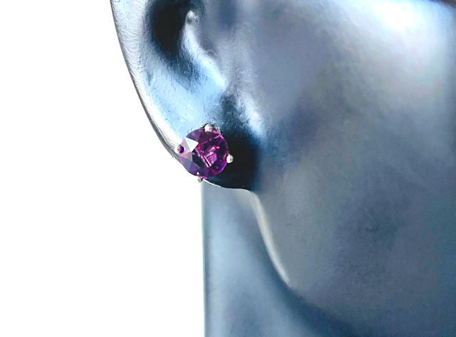 Sterling Silver Post Earrings with Round Purple CZ Stone