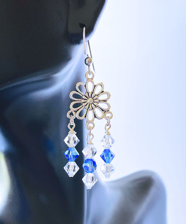 Sparkling Symphony: 2 1/2" Clear and Blue Crystal Bicone Dangle Earrings