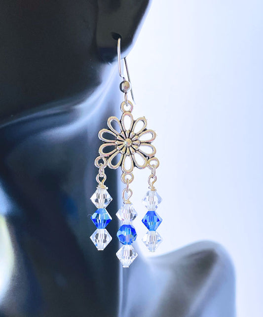Sparkling Symphony: 2 1/2" Clear and Blue Crystal Bicone Dangle Earrings