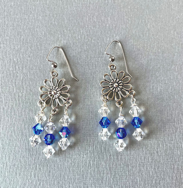 Sparkling Symphony: 2 1/2" Clear and Blue Crystal Bicone Dangle Earrings