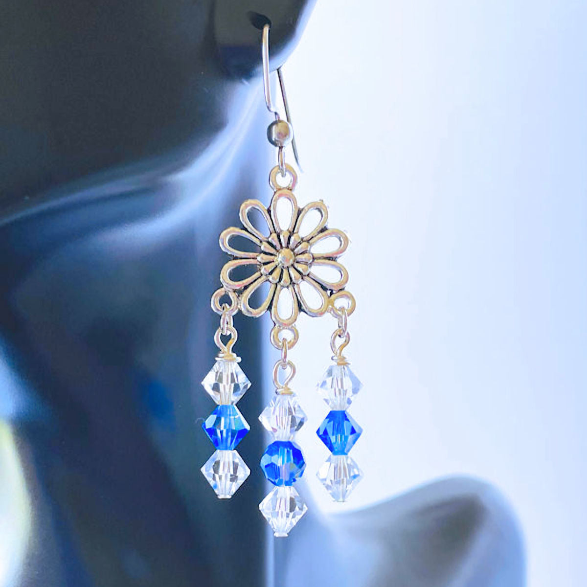 Sparkling Symphony: 2 1/2" Clear and Blue Crystal Bicone Dangle Earrings