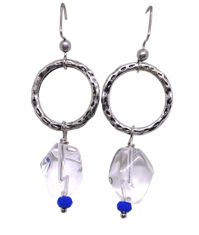 Textured Silver Hoop Earrings Featuring Clear Quartz Crystal Nugget Stones