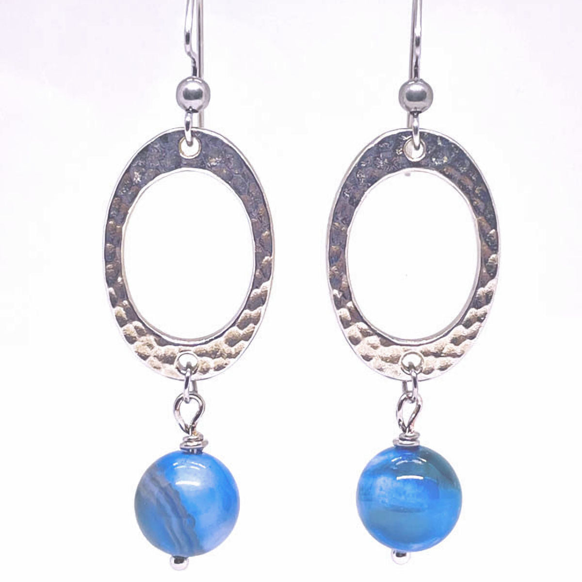 Elegant Handcrafted Dangling Earrings with Blue Banded Agate and Textured Oval Connector