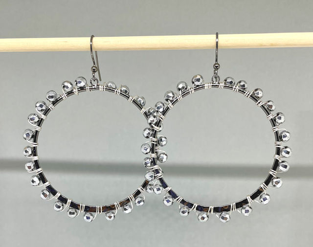 Gun Metal Hoop Earrings with Faceted Hematite Beads