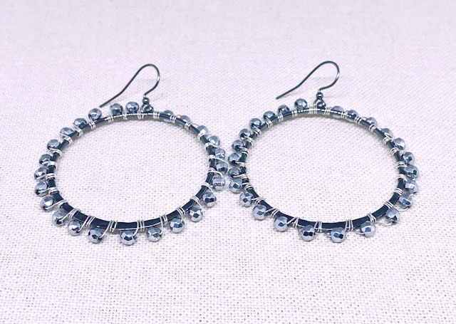 Gun Metal Hoop Earrings with Faceted Hematite Beads