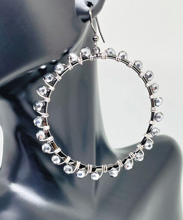 Gun Metal Hoop Earrings with Faceted Hematite Beads